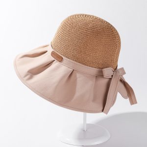 Ladies Bow Sun Hat Pleated Big Brim Stitching Fisherman Hat Elegant Temperament Sun Protection Hat Breathable Sun Hat