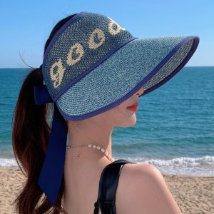 Straw Hat Women's Spring And Summer New Good Letter Big Edge Empty Top Hat Seaside Sunscreen Beach Hat Foldable Sun Hat
