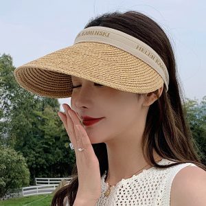 Ladies Straw Hat Spring And Summer New Letter Embroidery Top Hat Trend Niche Stitching Sun Hat Face Small Sunscreen Hat